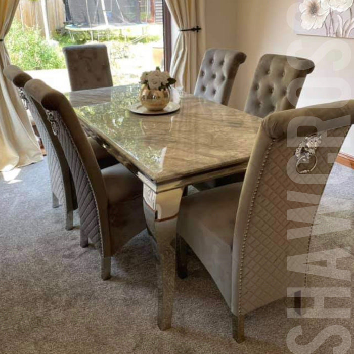 Louis Luxury Marble 1.8M or 1.5M Dining Table And Grey Lucia Velvet lion Knocker Chairs