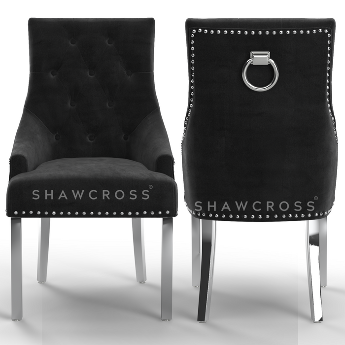 Pair Of Cheshire Black Plush Velvet Velvet Knocker Dining Chairs