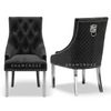 Pair of black Bentley Velvet quilted back lion knocker chairs