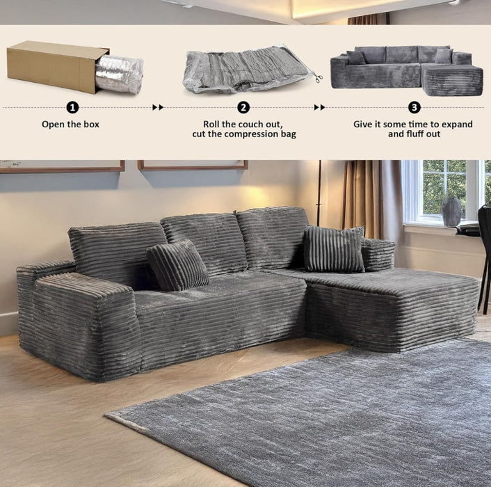 Frameless Left hand facing Plush Corded Corner Sofa with Chaise