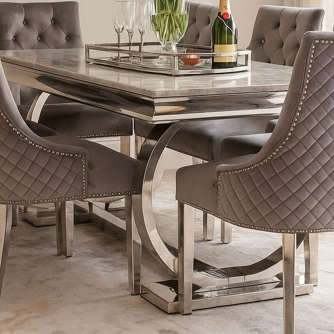 Ariana Marble 1.8M Dining Table With Grey Bentley Velvet Knocker Chairs