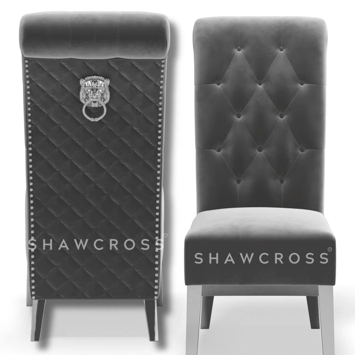 Pair of Lucia Dark Grey plush velvet quilted lion knocker dining chairs