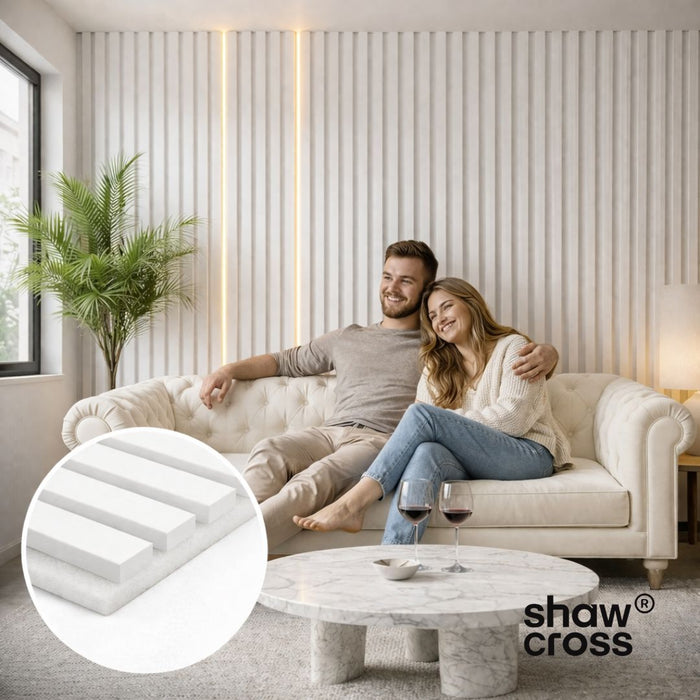 White on white felt back Acoustic Premium slatted wooden wall Panels 2400mm x 640mm x 21mm