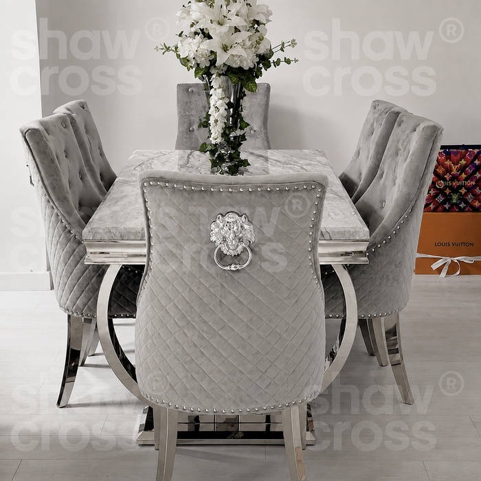 Ariana Marble 1.8M Dining Table With Grey Bentley Velvet Knocker Chairs