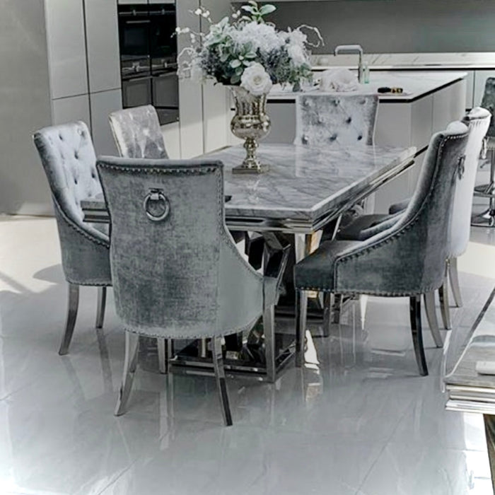 Athena Marble 1.8M Dining Table And Cheshire Plush Velvet Knocker Chairs