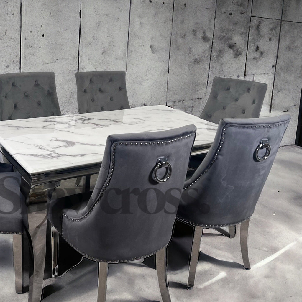 Louis Luxury Marble Dining Table with Cheshire Velvet Knocker Chairs