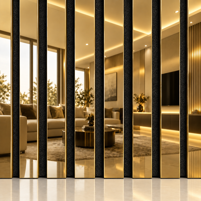 Gold Mirror Effect Acoustic slatted wooden felt back wall Panels 2400mm x 600mm