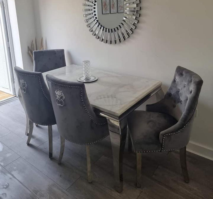 Louis Marble Dining Table And Cheshire Velvet Knocker Chairs