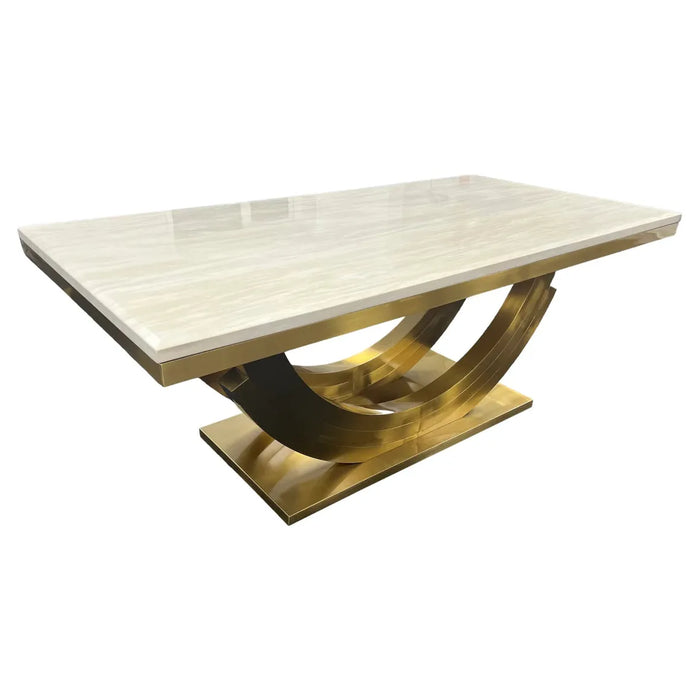 Luxury Gold Monaco marble Top Dining Table With Champagne Fabric & gold Roma Chairs with Lion Knockers