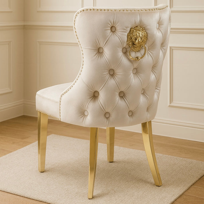 Pair of Victoria Cream Velvet Lion knocker Dining Chairs