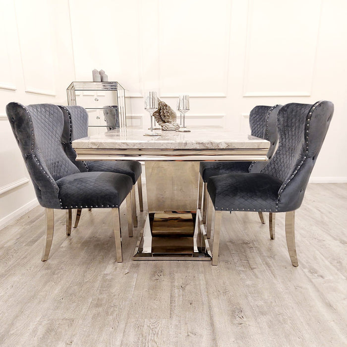 Black Friday deal Denver Marble 1.8M Dining Table With Grey Lucia Chelsea Lion Velvet Knocker Chairs