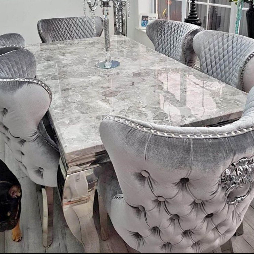 The Louis Marble Dining set with Lewis Lion Knocker Dining Chairs