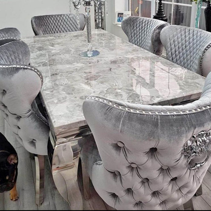 The Louis Marble Dining set with Lewis Lion Knocker Dining Chairs
