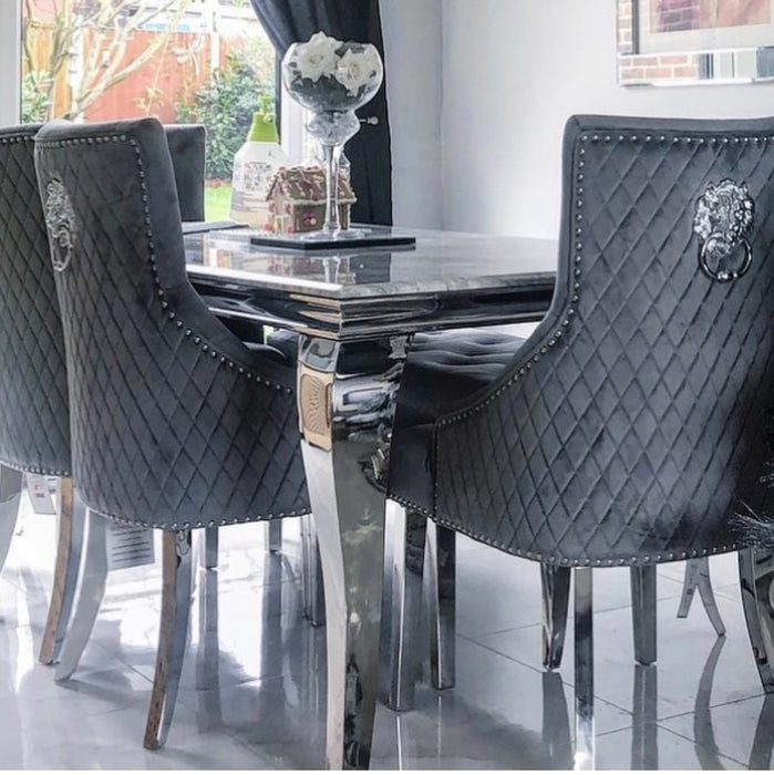 Louis Luxury Marble 1.8m or 1.5m Dining Table With Bentley Quilted Velvet Knocker Chairs