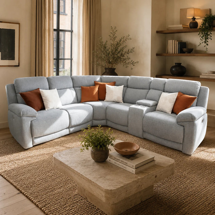 Omega 5 Seater Modular Fabric Electric Recliner Corner Sofa in Grey fabric Inc Tech Cupholder