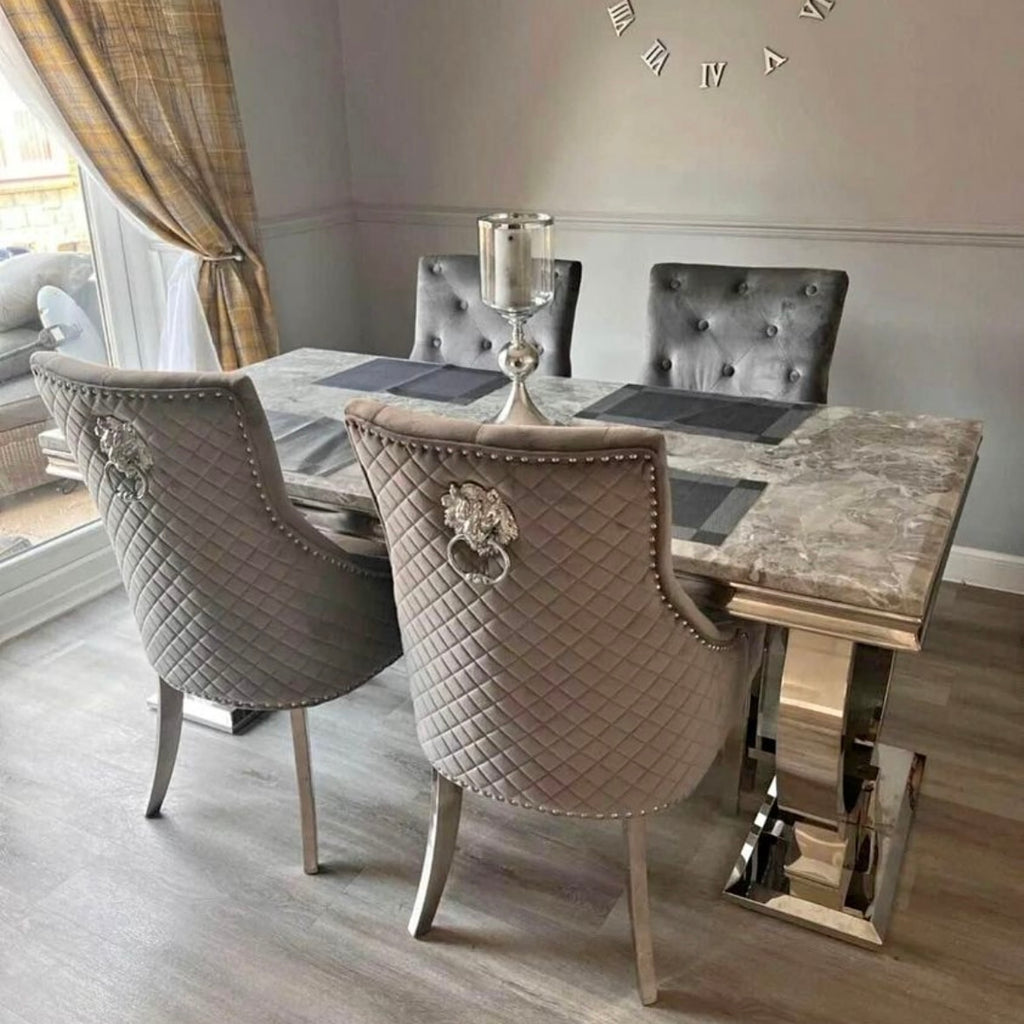 Ariana Marble 1.8M Dining Table And Bentley Plush Velvet Knocker Chairs