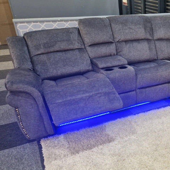 Berlin 5 Seater Fabric Electric Recliner Corner Sofa Inc Cupholder & Blue L.E.D Lightsh