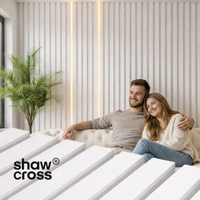 3 sided White on white felt back Acoustic Premium slatted wooden wall Panels 2400mm x 640mm - X1 Panel