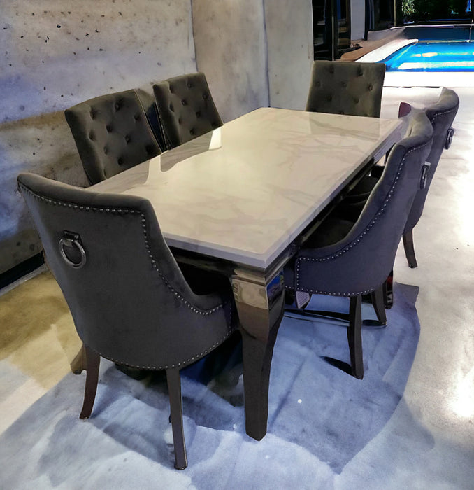 Louis Marble 1.8M Or 1.5M Dining Table And Cheshire Velvet Knocker Chairs