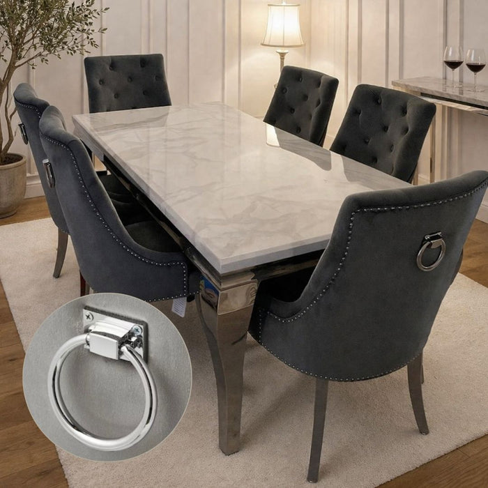 Louis Marble 1.8M Or 1.5M Dining Table And Cheshire Velvet Knocker Chairs