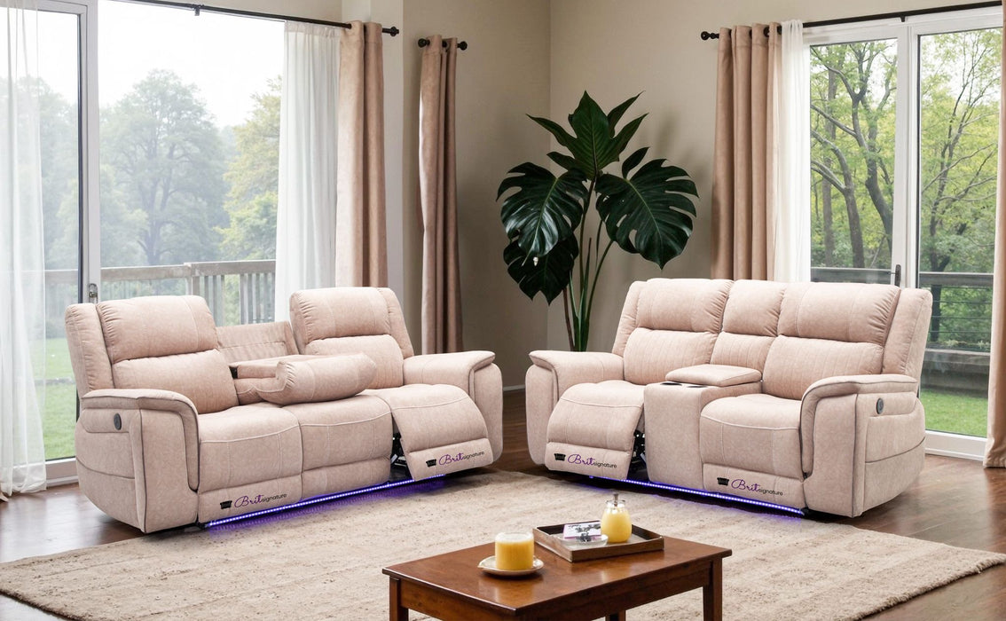 Cassa electric 3 & 2 Recliner sofa set in Beige fabric with LED Lights