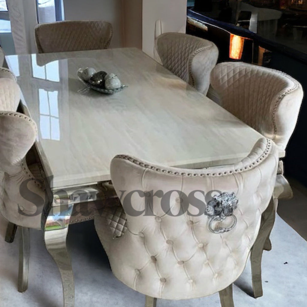 Louis Luxury Marble Dining Set With Lewis Velvet Dining Chairs In Grey Velvet