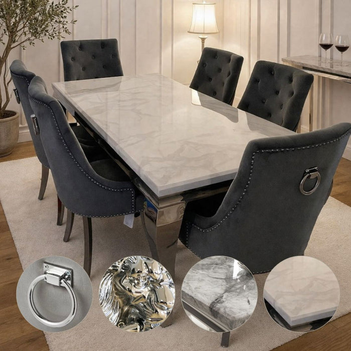 Louis Marble 1.8M Or 1.5M Dining Table And Cheshire Velvet Knocker Chairs