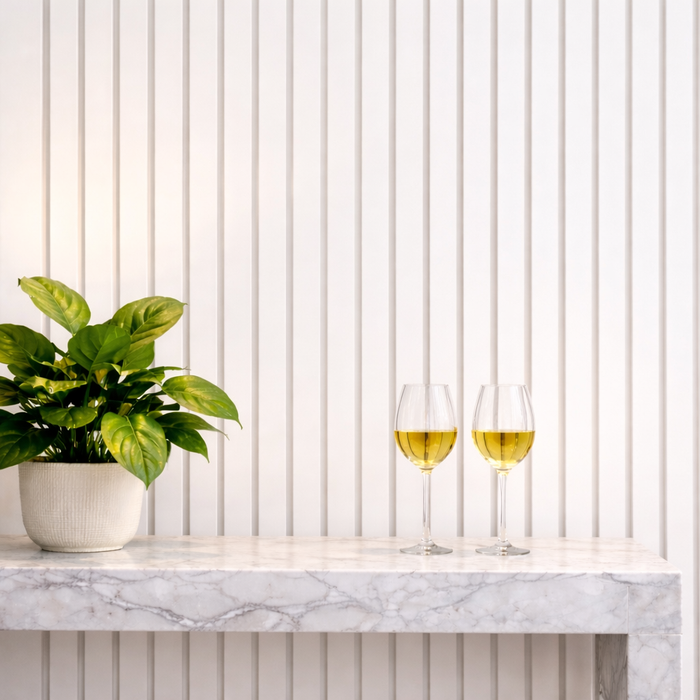 White on white felt back Acoustic Premium slatted wooden wall Panels 2400mm x 640mm x 21mm
