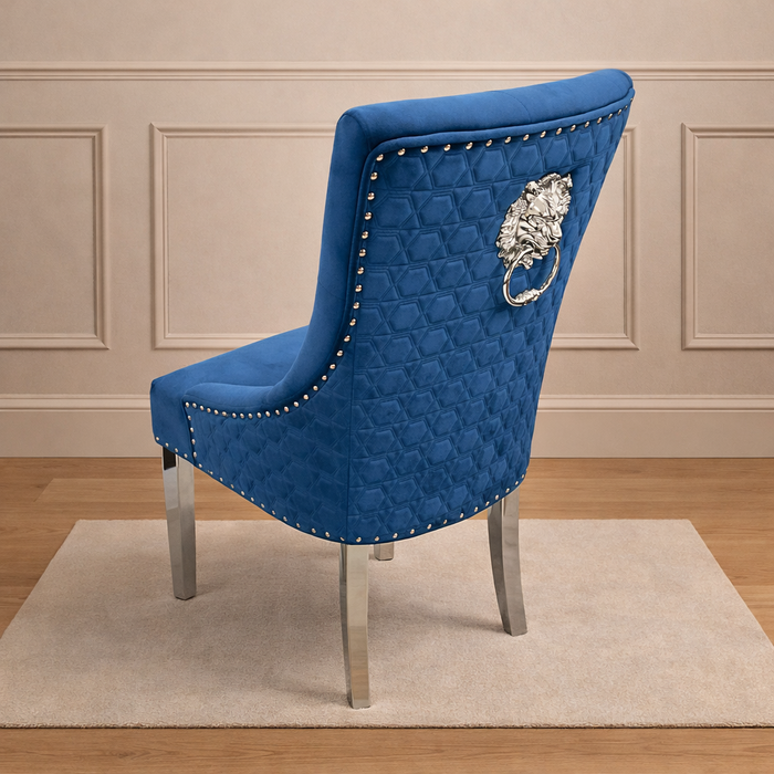 Pair of Roma Blue Velvet Lion Knocker Dining Ring Knocker Chairs in Silver Pewter Fabric