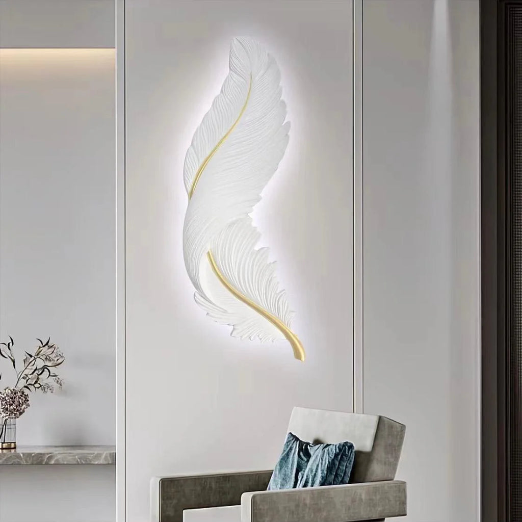 Feather wall art with back lighting