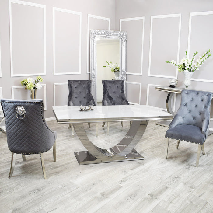 Black Friday deal Denver Marble 1.8M Dining Table With Grey Bentley Quilted Velvet Knocker Chairs