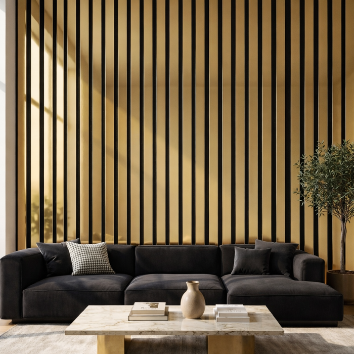 Extra Wide Gold Effect Acoustic Premium slatted wooden felt back wall Panels 2400mm x 320mm (Pack of 2)