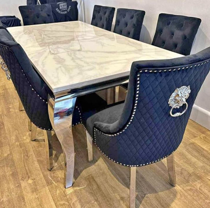 Louis Marble 1.8M Dining Table With Black Bentley Quilted Velvet Knocker Chairs