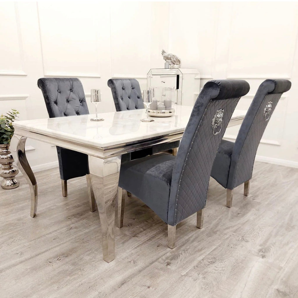 Louis Luxury Marble 1.8M or 1.5M Dining Table And Grey Lucia Velvet lion Knocker Chairs