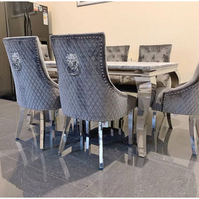 Louis Luxury Marble Dining Table With Bentley Quilted Knocker Chairs