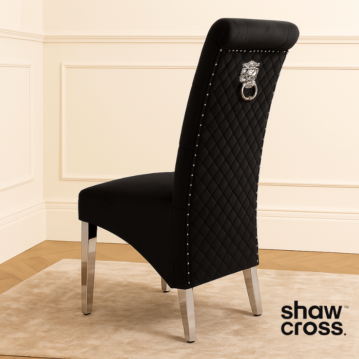 Pair of Lucia black plush velvet quilted lion knocker dining chairs