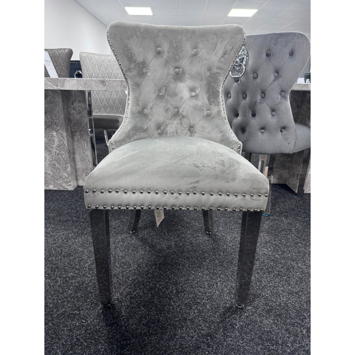 Pair of Mayfair dining chair with lions head in plush grey fabric