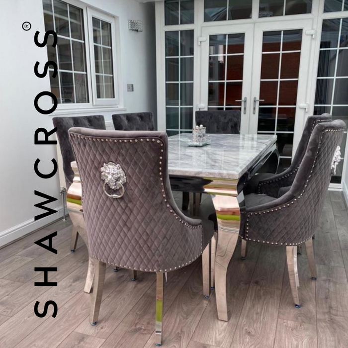 Louis Luxury Marble Dining Table With Bentley Quilted Knocker Chairs