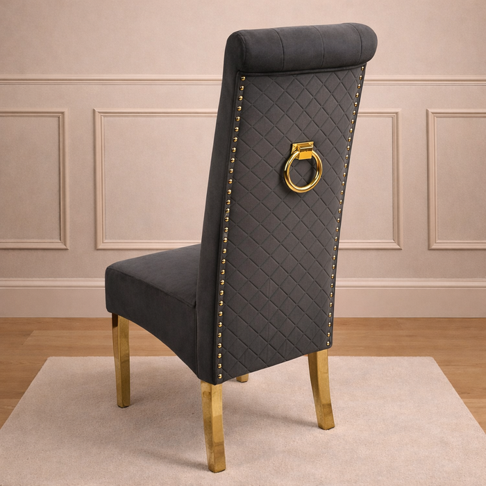 Pair of Lucy Gold & Grey velvet Quilted ring knocker dining chairs