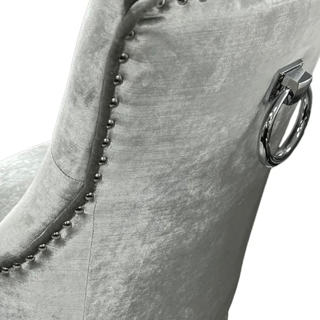 Pair of Jessica Dining Ring Knocker Chairs in Silver Pewter Fabric