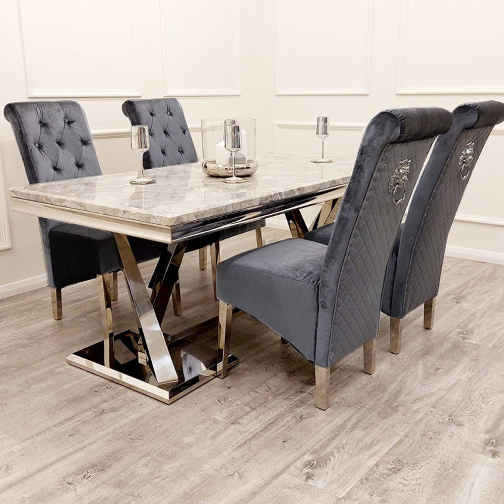 Black Friday deal Xavia Marble 1.8M Dining Table With Shimmer Grey Lucia Quilted Velvet Knocker Chairs