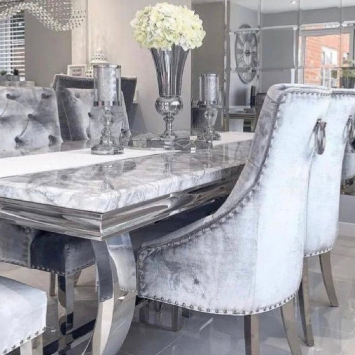 Ariana Marble 1.8M Dining Table And Cheshire Plush Velvet Knocker Chairs