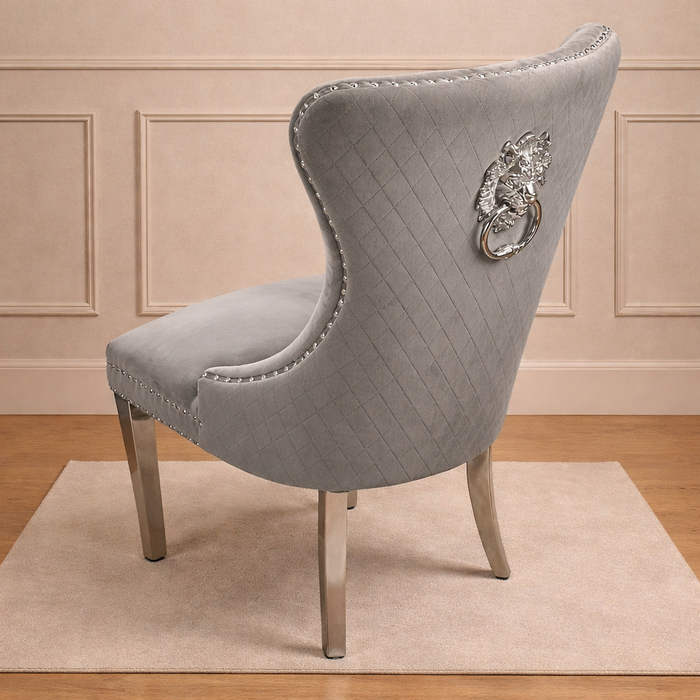 Pair of Mayfair Grey Velvet Lion Knocker Dining Lion Knocker Chairs in Fabric