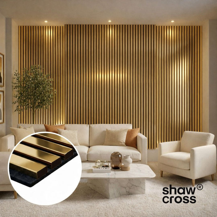 Extra Wide Gold Effect Acoustic Premium slatted wooden felt back wall Panels 2400mm x 600m x18mm