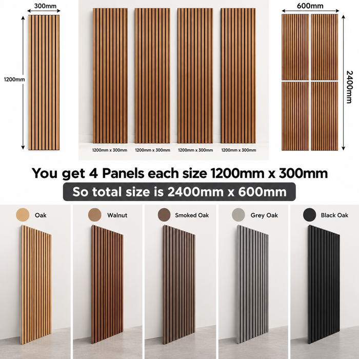 Lite weight Slatted Acoustic Wall Panels - 120x30cm (Set Of 4 )Self Adhesive, 5 Colours