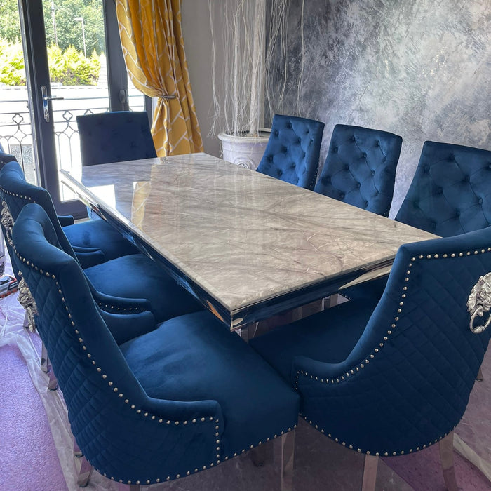 Ariana Marble 1.8M Dining Table And Cheshire Velvet Knocker Chairs