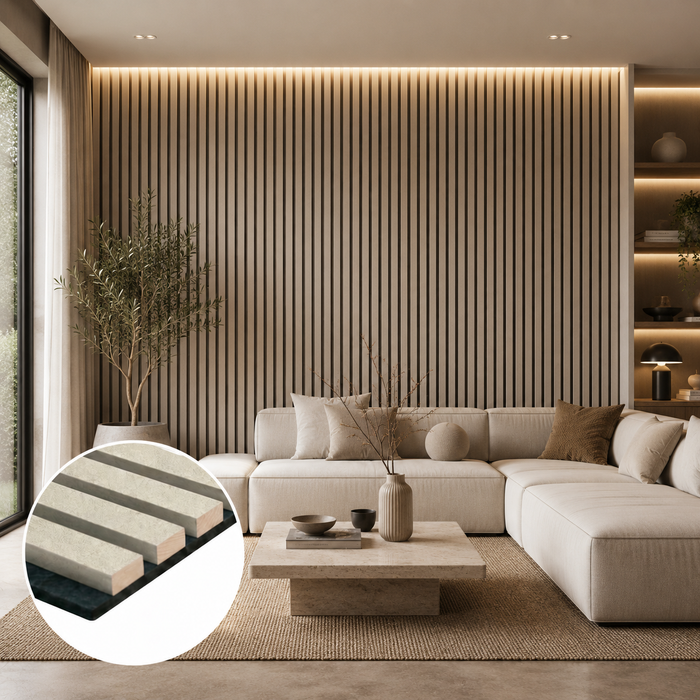 Concrete Coloured Acoustic Slatted Wall Panel - 3 sided -
