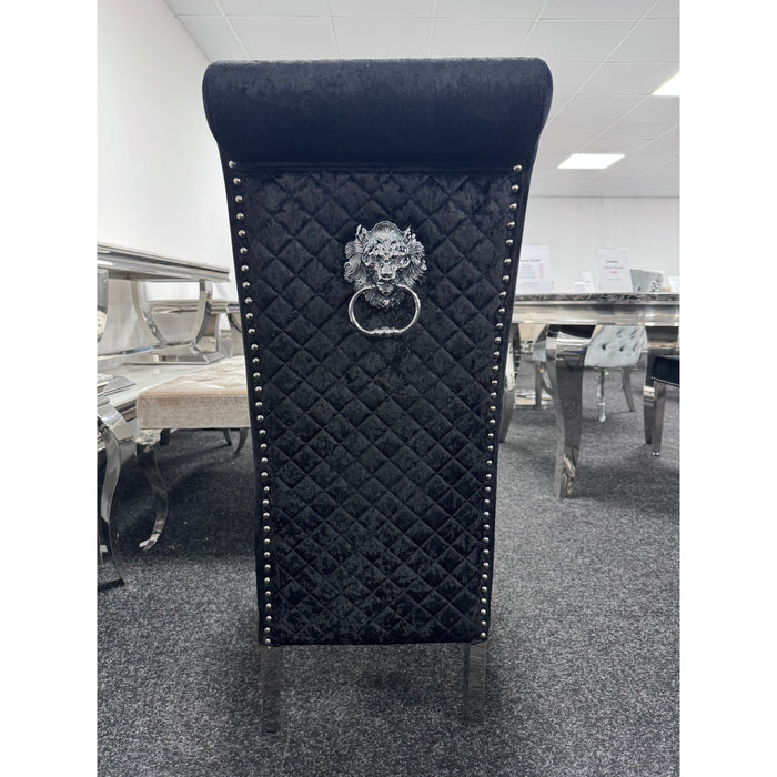Pair of Lucy black crush velvet quilted lion knocker dining chairs