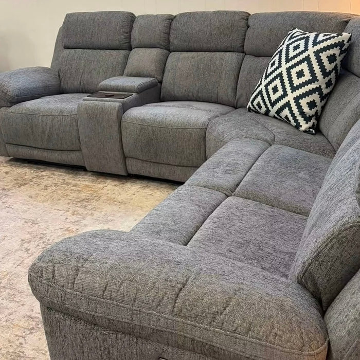 Omega 5 Seater Modular Fabric Electric Recliner Corner Sofa in Grey fabric Inc Tech Cupholder