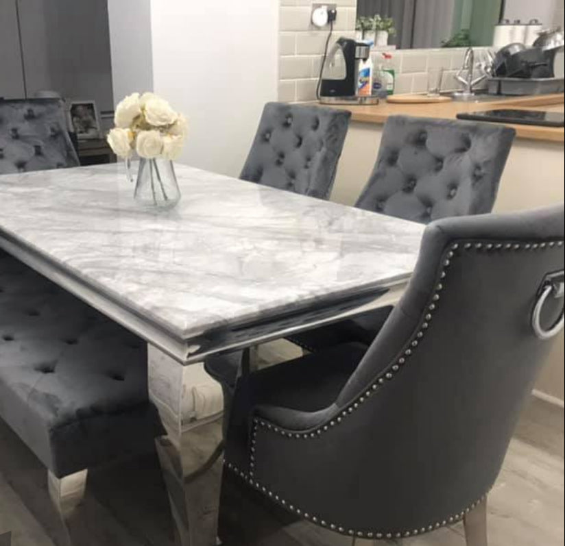 Louis Marble 1.8m Or 1.5m Dining Table With Cheshire Knocker Ring Chairs